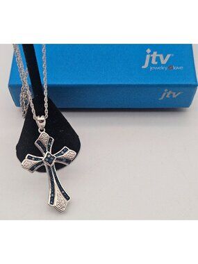 JTV DK Signed Sterling 925 Sapphire Cross Pendant 18" Necklace Boxed